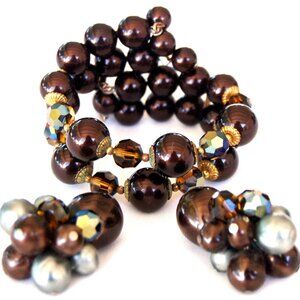 1950s Brown AB Crystal Bead Expandable Wire Cuff Bracelet Dangle Earring Set Par